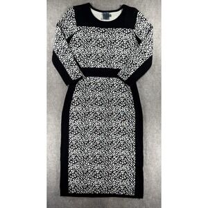 Gabby Skye Black White Animal Print Sweater Dress M Knit Bodycon Midi 3/4 Sleeve